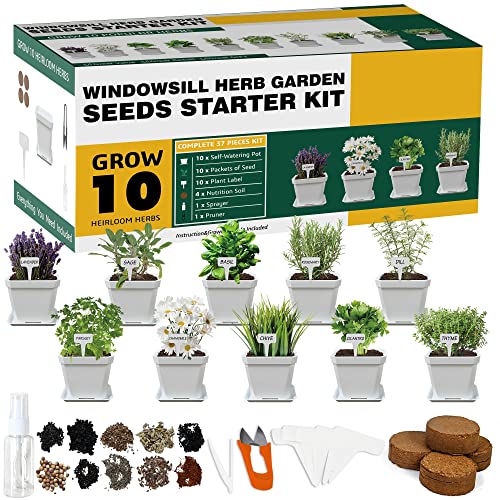 Herb Grow Kit, 10 Herb Seeds DIY Garden Starter Kit, Complete Potted Plant Growing Set Including White Pots, Markers, Nutritional Soil, Watering, Clipper for Kitchen Herb