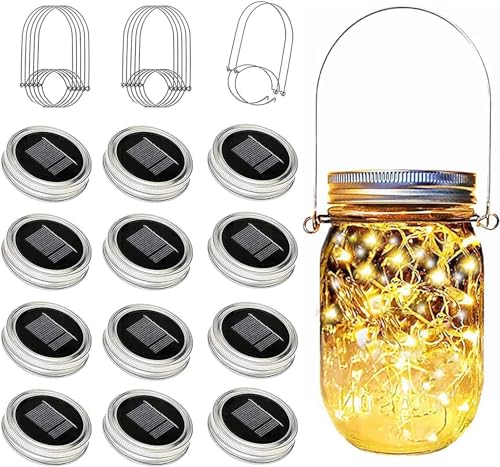 ZNYCYE Mason Jar Solar Lights for Outside, 12 Pack 30Led Fairy Lights Mason Jar Solar Lids Outdoor Waterproof String Lights with Hanger (No Jars) Best for Patio Garden Yard Lawn Decor-Warm White