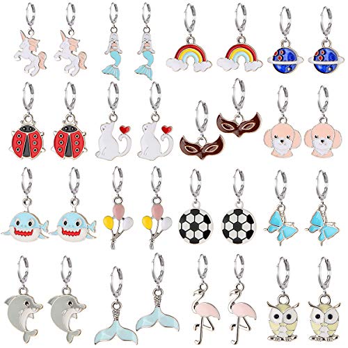 16 Pairs Girls Hypoallergenic Dangle Hoop Earrings Set Cute Silver Huggie Hoop Earrings with Unicorn Mermaid Charm