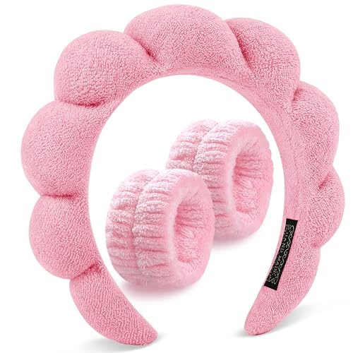 DOMMARE Spa Headband For Washing Face Wristband Set, Skincare Makeup Headbands For Women, Bubble Make Up Headbands Teen Girl Gifts, Terry Cloth Puffy Hairband Get Ready Hair Accessory(Pink)