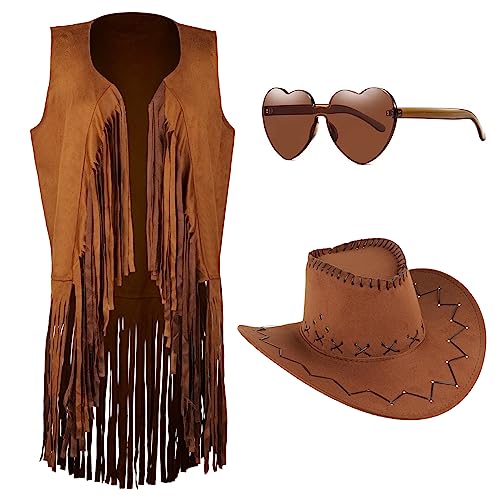 MAKCNMYM Women Tassel Fringe Vests 70s Hippie Faux Suede Sleeveless Fringed Jacket Western Cowgirl Outfits with Cowboy Hat Heart-Shaped Sunglasses Women Costume Accessories Open-Front Vintage Vest