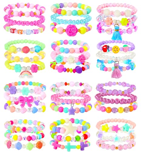 PinkSheep Toddler Bracelets for Girls Jewelry: 36 Pcs Bluk Little Girl Bracelets, Cute Toddler Bracelets for Girls 2 3 4 5 6 7 Years Old - Princess Bracelets for Teen Girls - Play Jewelry Gift with Bead, Party Favors & Jewelry Set for Girls