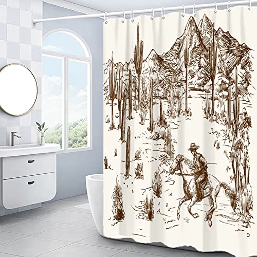 Western Cowboy Shower Curtain, Cactus Shower Curtain, Farmhouse Country Shower Curtain for Bathroom American West Cowboy Riding Horse in Desert, Waterproof Fabric with 12PCS Hooks, 72' W X 72' L