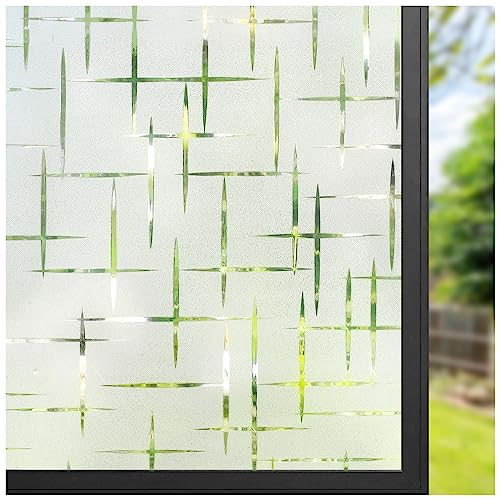 rabbitgoo Window Privacy Film Frosted Glass Window Film, Static Cling Sun Blocking Frosting Door Window Cover for Home, Decorative Window Sticker House Window Tint, Cross Pattern 17.5 x 78.7 inches