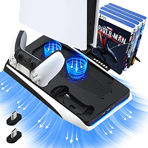 Black PS5 Stand with Cooling Fan and Dual Controller Charger Station, Charging Dock Holder PS5 Accessories Vertical Digital Stand Base for Playstation 5 Console/Disc/Digital Editions