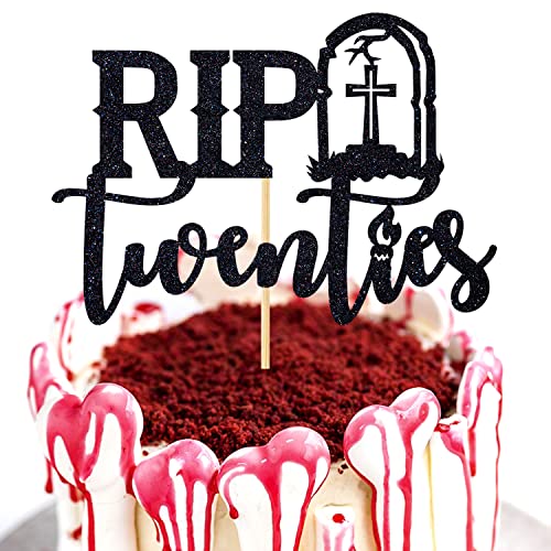 Black Glitter Rip Twenties Cake Topper, Death to My Twenties/Rip to My Twenties Cake Decorations, Old English Themed 30th Birthday Party Decorations Supplies