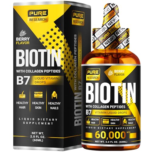 PURE RESEARCH Liquid Biotin & Collagen Drops – Biotin and Liquid Collagen Supplements for Women & Men – Supports Glowing Skin, Healthy Hair & Nail Growth 2oz