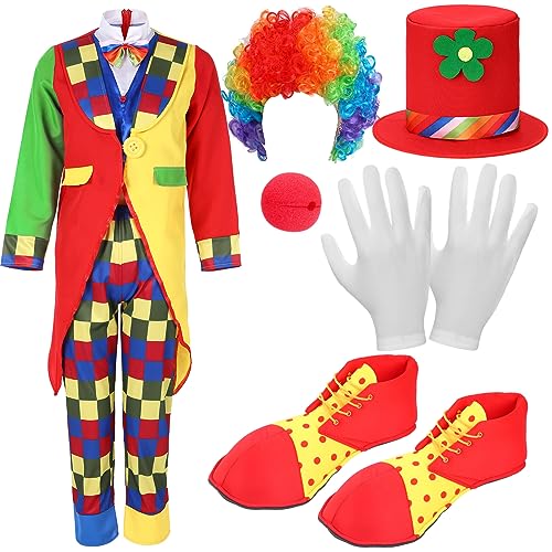 Yahenda 7 Pcs Clown Costume Set Includes Halloween Cosplay Red Clown Nose Clown Wig Clown Shoes Clown Hat Accessories (Adults Large)