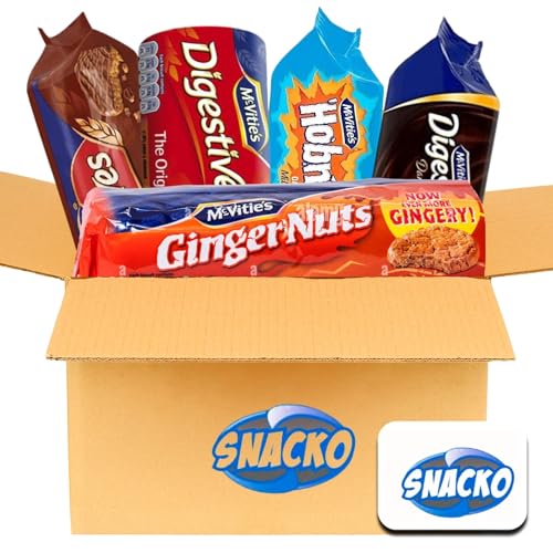 British Biscuits Variety Pack. Comes with Five McVities Assorted Favorites including 3 Digestives Biscuits, Milk Chocolate Hobnobs Biscuits, Ginger Nuts Biscuits plus a Snacko Fridge Magnet.