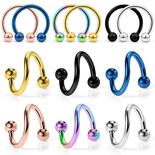 Ocptiy 16G Lip Ring Hoop Piercing Jewelry for Women 16 Gauge Stainless Surgical Steel Spiral Twist Eyebrow Septum Nose Ring Cartilage Tragus Helix Rook Daith Earring Hoop Piercing Jewelry Set Men 8mm