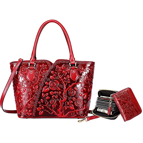 PIJUSHI Designer Handbags For Women Floral Purses Top Handle Handbags Satchel Bags Genuine Leather Credit Card Holder for Women Designer Floral Card Case Wallet with Tassel