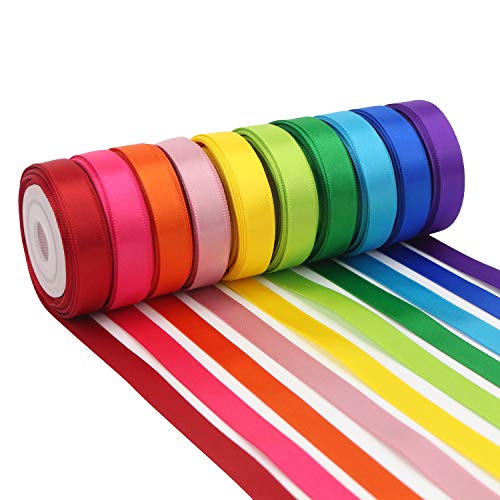 MEEDEE Rainbow Ribbon Solid Color Assortment 10 Colors Double Face Satin Ribbon for Gift Wrapping Happy Birthday Party Decorations, 3/8' X 5 Yard Each Total 50 Yds Per Package