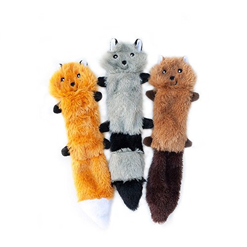 ZippyPaws Skinny Peltz - Fox, Raccoon, & Squirrel - No Stuffing Squeaky Dog Toys, Unstuffed Chew Toy for Small & Medium Breeds, Bulk Multi-Pack of 3 Soft Plush Toys, Flat No Stuffing Puppy Toys - 11'