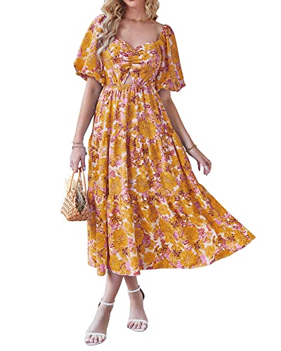 BTFBM Women Summer Dresses 2024 Casual Flowy Beach Square Neck Puff Short Sleeve Smocked Back Boho Floral Long Maxi Dress(Floral Yellow, Large)