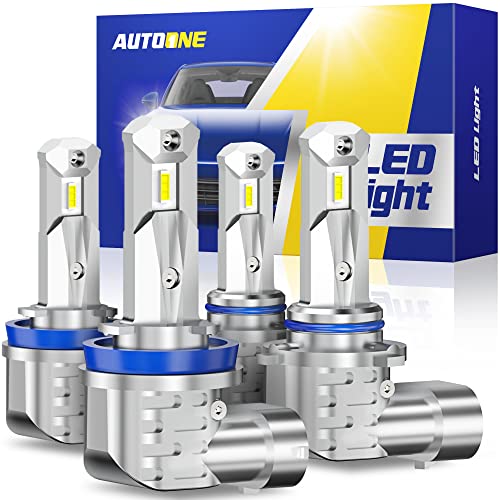 AUTOONE H11/H9/H8 9005/HB3 LED Bulbs Combo 6000K White, H11 9005 LED Lights Fog Lights Canbus, Fanless Mini Size Plug and Play, Pack of 4