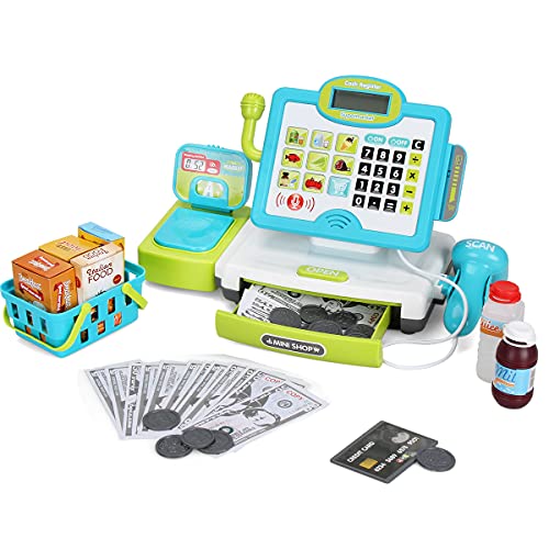 FS Pretend Play Calculator Cash Register Toy as Preschool Gift for Kids, Classic Count Toy with Sound, Microphone, Scanner, Pretend Credit Card, Play Food for Boys & Girls,45 Pieces, Ages 3 4 5 6 7