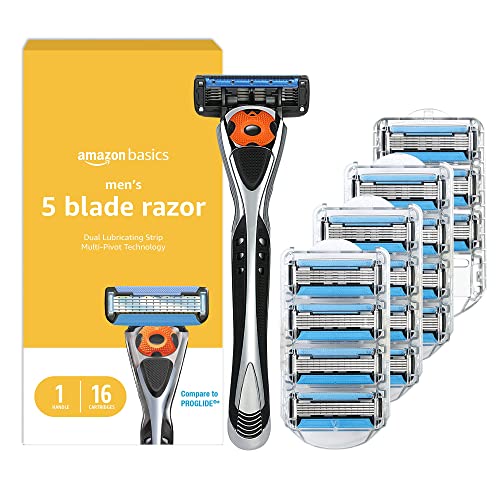 Amazon Basics 5-Blade MotionSphere Razor for Men with Dual Lubrication and Precision Trimmer, Handle & 16 Cartridges, Cartridges fit, Razor Handles only, 17 Piece Set, Black