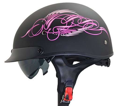 Vega Helmets Warrior Motorcycle Half Helmet with Sunshield for Men & Women, Adjustable Size Dial DOT Half Face Skull Cap for Bike Cruiser Chopper Moped Scooter ATV (Pink Scroll, Medium)