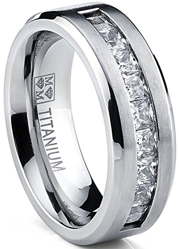 Metal Masters Co. Titanium Men's Wedding Band Engagement Ring with 9 Large Princess Cut Cubic Zirconia Size 11