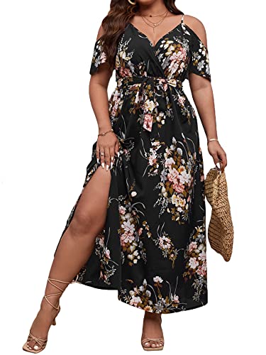 Floerns Women's Plus Size Cold Shoulder Short Sleeve Split Thigh Long Dress Black Flower 3XL