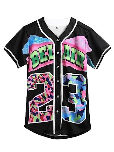 Amzdest 90s Clothing for Women, Unisex Hip Hop Party, Bel Air 23 Baseball Jersey Short Sleeve Button Down Shirt (23Black, X-Large)