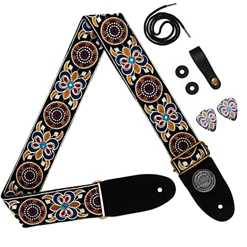 Himalaya Guitar Strap Ethnic Black Traditional Embroidery Art Pattern Embroidered Cotton W/FREE BONUS- 2 Picks + Strap Locks + Strap Button. For Bass, Electric & Acoustic Guitars. an Awesome Gift
