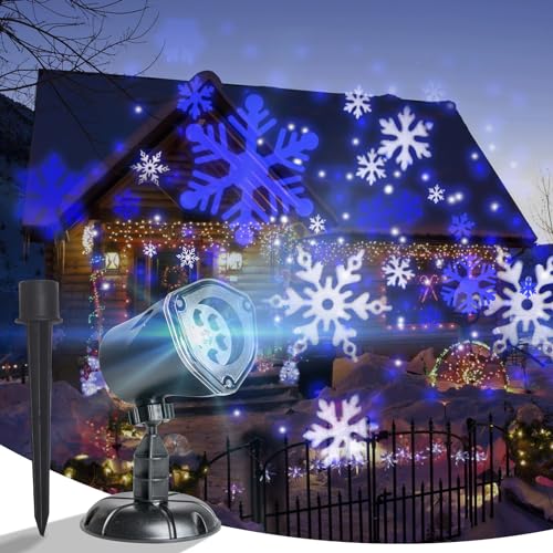 Vanthylit Christmas Projector Lights Outdoor, White Blue Snowflakes Projection Outside, Waterproof LED Landscape Christmas Light for Window Yard House Party Xmas Indoor Decor