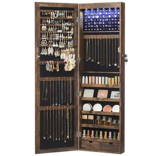 SONGMICS 6 LEDs Mirror Jewelry Cabinet, 47.2-Inch Tall Lockable Wall or Door Mounted Jewelry Armoire Organizer with Mirror, 2 Drawers, 3.9 x 14.6 x 47.2 Inches, Mother's Day gifts, Rustic Brown