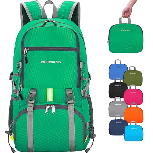 WEREWOLVES Lightweight Waterproof Foldable Small Backpack - Water Resistant Hiking Daypack for Outdoor Camping Travel (35L, Green)