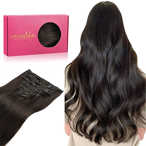 WENNALIFE Clip in Hair Extensions Real Human Hair, 18 Inch 120g 7pcs Human Hair Extensions Clip In Human Hair, Dark Brown Hair Extensions Clip In Real Hair Coloured Remy Human Hair Extensions