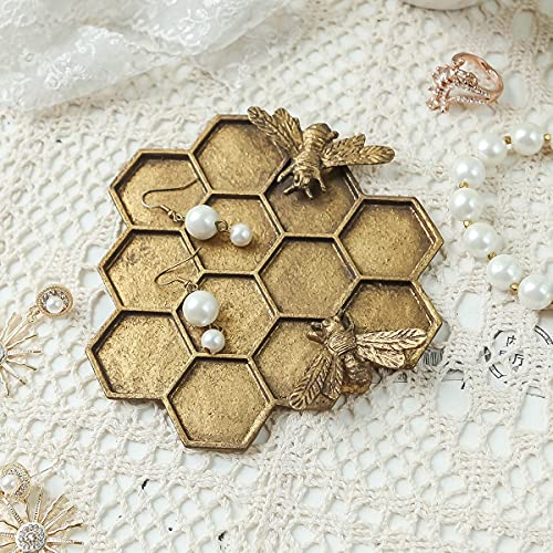 SOFFEE DESIGN Vintage Jewelry Tray Honeycomb Shape with Lovely Bees, Rustic Gold Jewelry Organizer Ring Decorative Dish for Displaying Earring, Necklace, Bracelet, Trinket