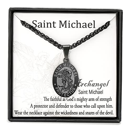 Zocomi St Saint Michael Medal Necklace for Men Teen Boys, Stainless Steel Catholic Pendant Chain Jewelry Religious Baptism First Communion Confirmation Gifts Him Ages (Black)