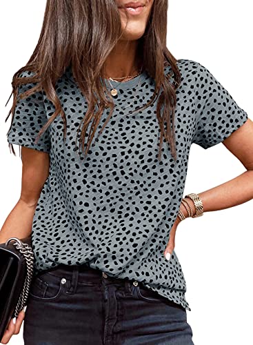 EVALESS Womens Summer Tops Casual Short Sleeve Polka Dot Shirts Round Neck T Shirts Fashion 2024 Spring Summer Loose Fit Tee Blouses Gray Large