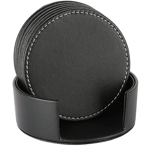 AUMISKY Set of 6 Leather Drink Coasters Round Cup Mat Pad for Home and Kitchen Use Black, 3.94'