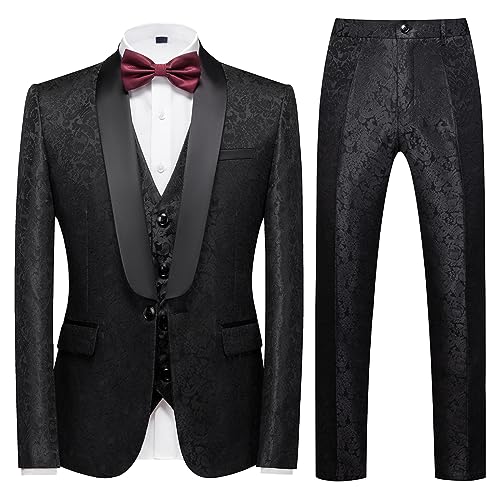 KUDORO Mens Suits Slim Fit 3 Piece Black Tuxedo Suit Set for Prom Wedding Party Paisley Jacket Vest Pants Homecoming Outfit