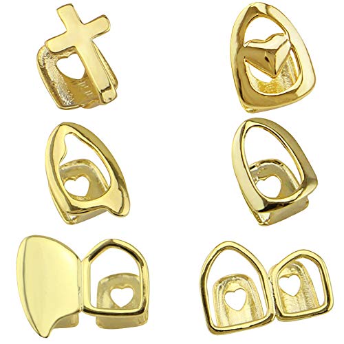 6PC 18K Plated Gold Grillz Mouth Teeth Top Tooth Single Grill Cap for Teeth Mouth Party Accessories Teeth Grills