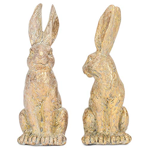RAZ Imports 4111071 Small Painted Gold Stone Rabbits - Set of 2 Bunnies - Elegant Easter Decor - Farmhouse Decor