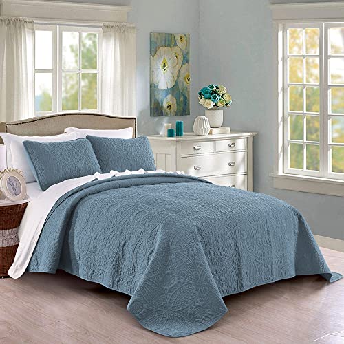 Quilt Set King/Cal King/California King Size Ash Blue - Oversized Bedspread - Soft Microfiber Lightweight Coverlet for All Season - 3 Piece Includes 1 Quilt and 2 Shams, Geometric Pattern