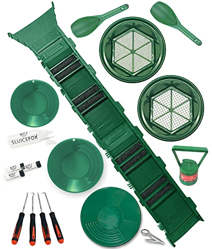 Sluice Fox 53 inch Portable Gold Sluice Box and Bucket Sifter kit for Gold Mining | Gold Prospecting Sluice Box Breaks Down into 24 inch Pieces. Complete Gold Prospecting Set with Gold Sluice Box.