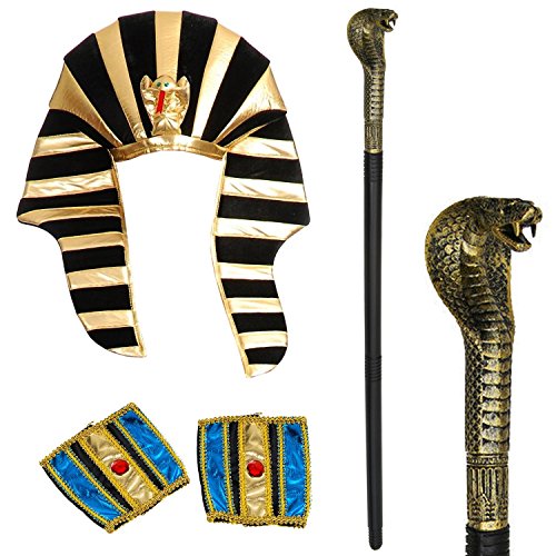 Tigerdoe Egyptian Costume - 3Pc Set - Pharaoh Hat, Cuffs, Cobra King Cane - Pharaoh Costume