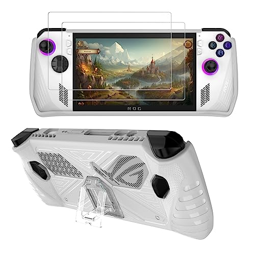 PAKESI Protection Case for ASUS ROG Ally - Rugged TPU with Built-in Stand for Game Handheld Console - Anti-Drop Shockproof Shell (White)