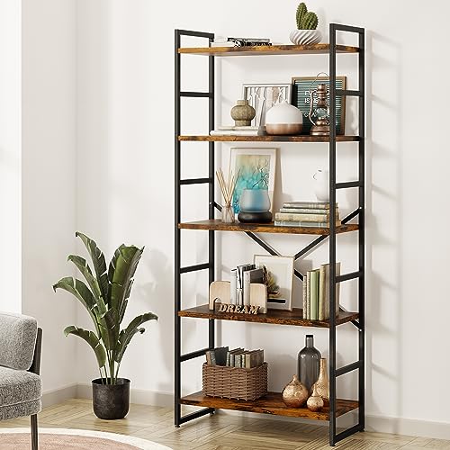 Shintenchi 5 Tier Industrial Bookcase Shelf for Bedroom/Living Room/Home Office - Rustic Brown Storage Rack with Shelves for Books and Movies