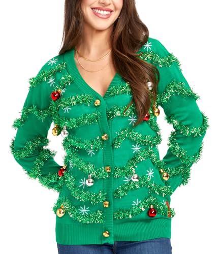 Tipsy Elves Women's Gaudy Garland Cardigan V-Neck Long Sleeve Sweater Gaudy Garland (Green) Small