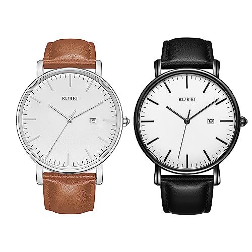 BUREI Two Minimalisr Leather Strap Watches