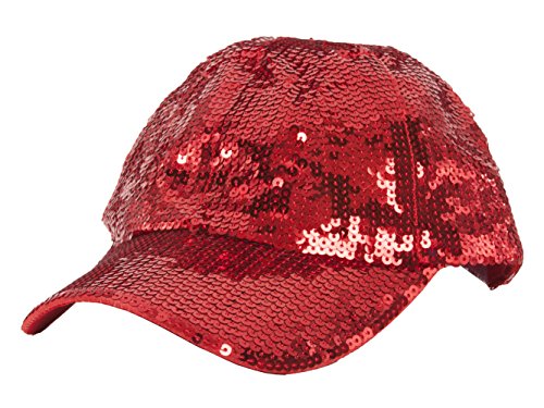 Womens Glitter Sequin Cap - Elastic Fit Baseball Hat - Red