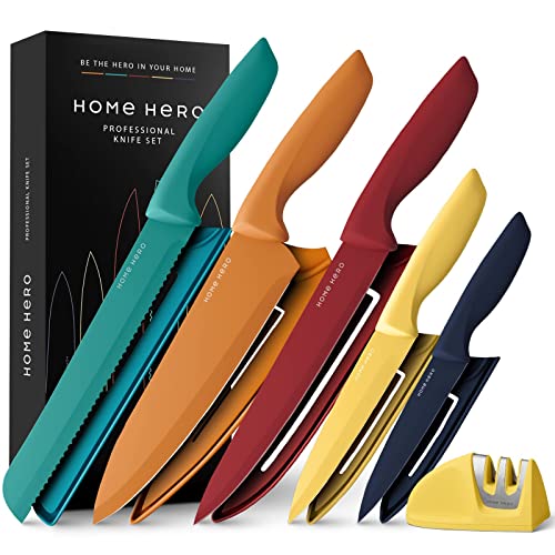 Home Hero 11 Pcs Kitchen Knife Set with Sharpener - High Carbon Stainless Steel Knife Block Set with Ergonomic Handles (11 Pcs - Multicolor)