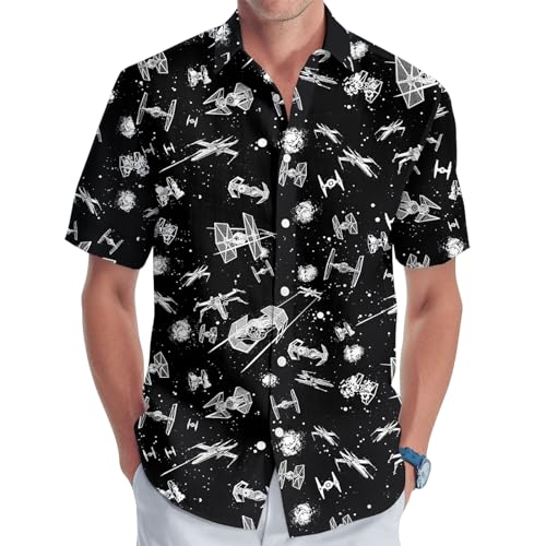 Funny Men's Button Shirt, Summer Casual Hawaiian Shirt for Unisex, Short Sleeve T-Shirt for Women, Black Spaceships (Large)