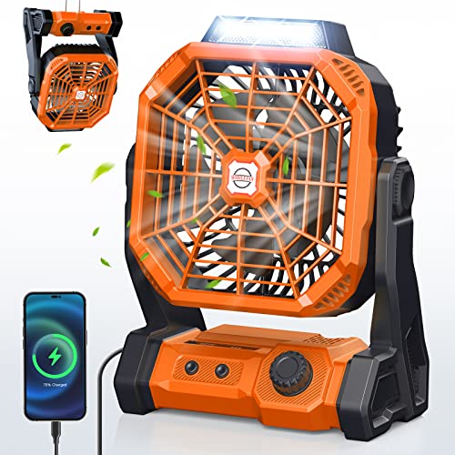 20000mAh Camping Fan, 8” Double Blades Powerful Battery Operated Fan, Battery Rechargeable Desk Fan with LED & Timers, 270°Pivot, Outdoor Portable Fan for Camping, Fishing, Outage, Hurricane