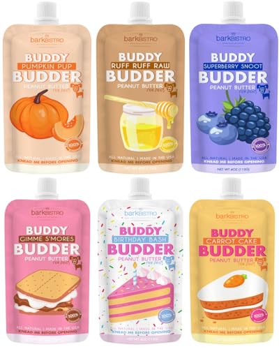 BUDDY BUDDER 6 Pack Mixed Flavor Squeeze Packs, 100% Natural Dog Peanut Butter, Healthy Peanut Butter Dog Treats, Made in USA, (4oz Packs)