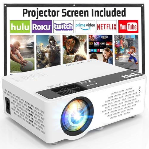 TMY Mini Projector, Upgraded Bluetooth Projector with Screen, 1080P Full HD Portable Projector, Movie Projector Compatible with TV Stick Smartphone/HDMI/USB/AV, indoor & outdoor use
